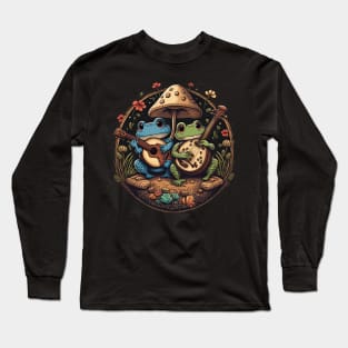 Cottagecore aesthetic frogs playing ukelele on Mushroom Long Sleeve T-Shirt